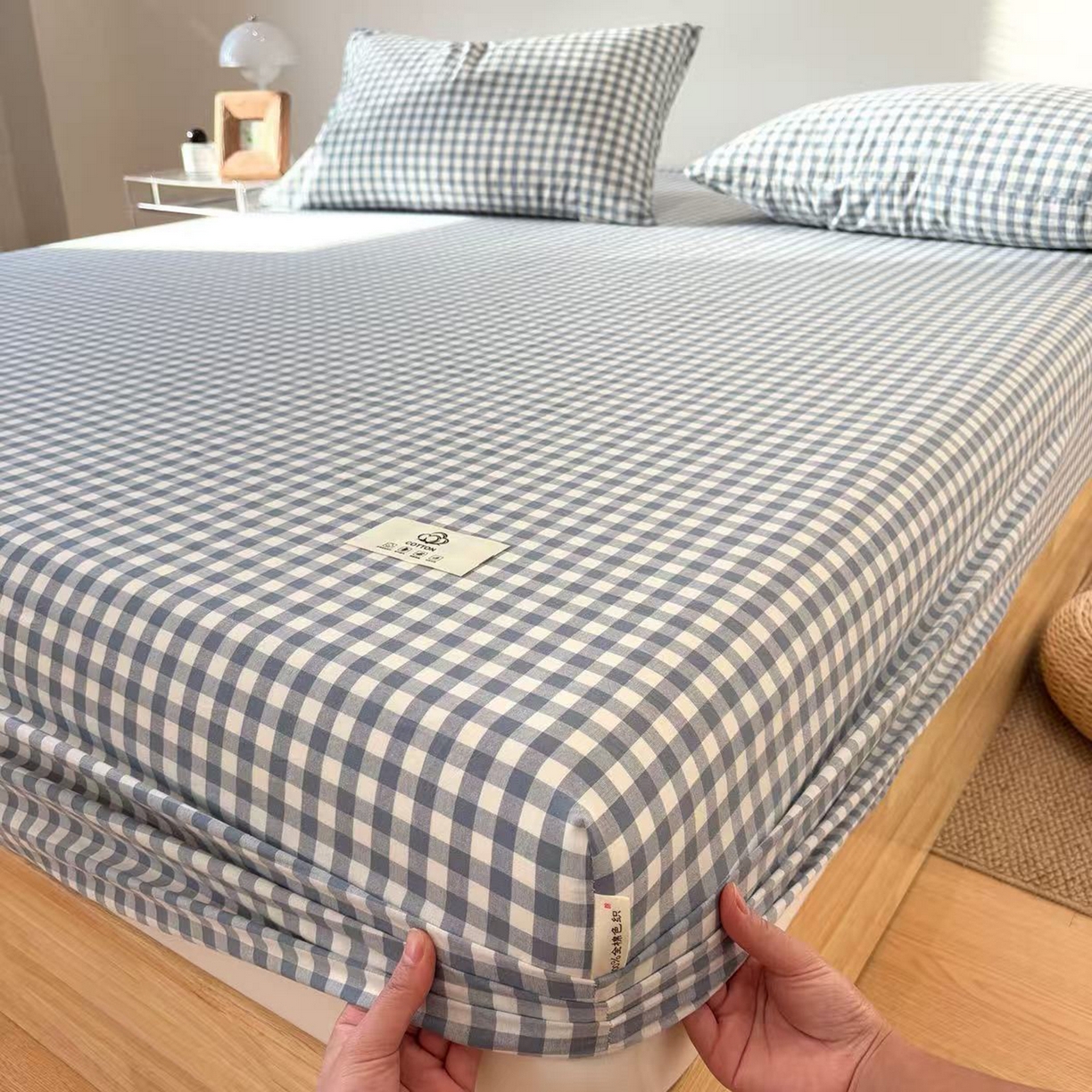 91家纺网 家纺一手货源 找家纺 居眠 2025新款单层色织水洗格子全棉纯棉单床笠床笠单件单品床笠 水兰小格