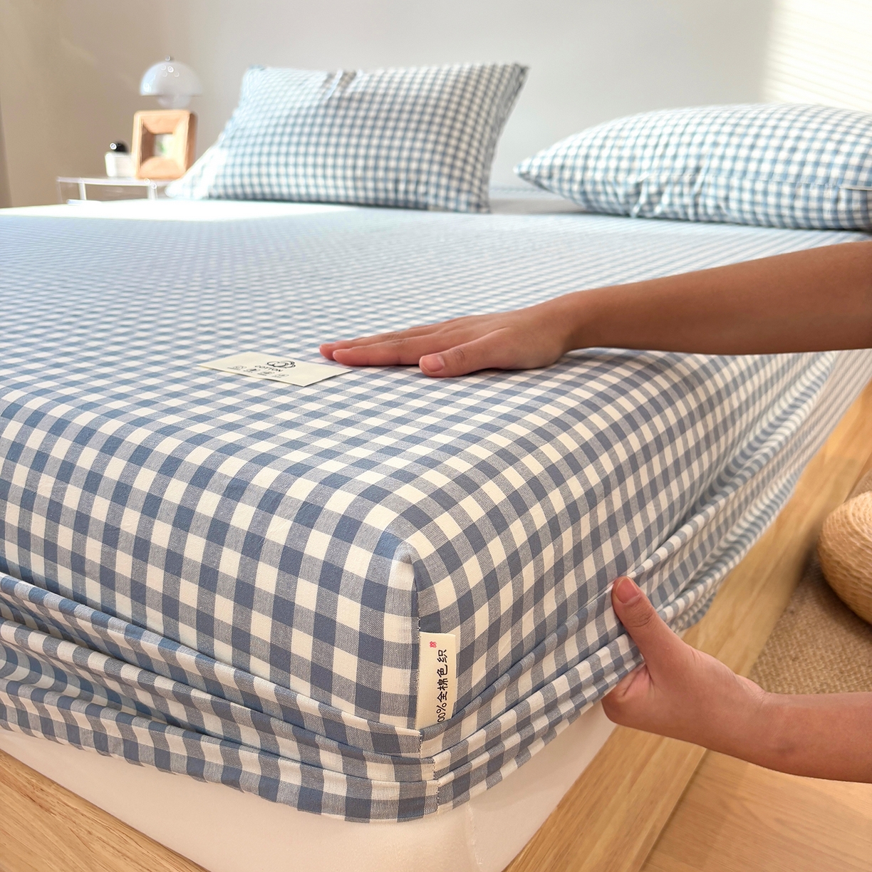 91家纺网 家纺一手货源 找家纺 居眠 2025新款单层色织水洗格子全棉纯棉单床笠床笠单件单品床笠 水兰小格