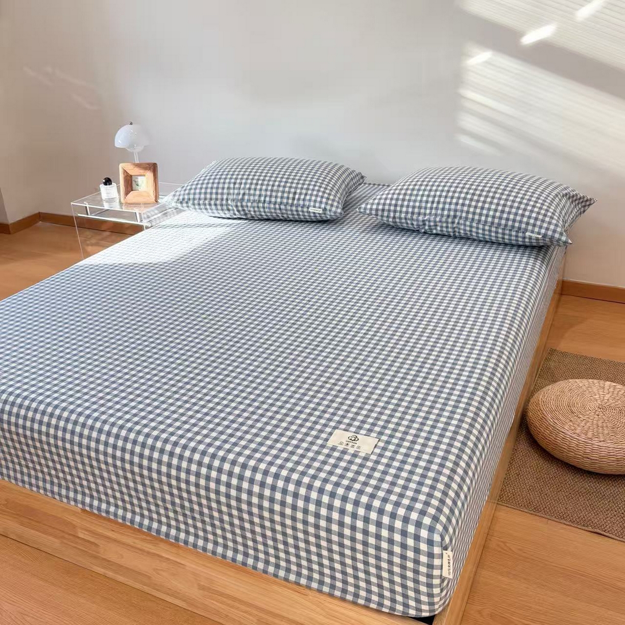 91家纺网 家纺一手货源 找家纺 居眠 2025新款单层色织水洗格子全棉纯棉单床笠床笠单件单品床笠 水兰小格