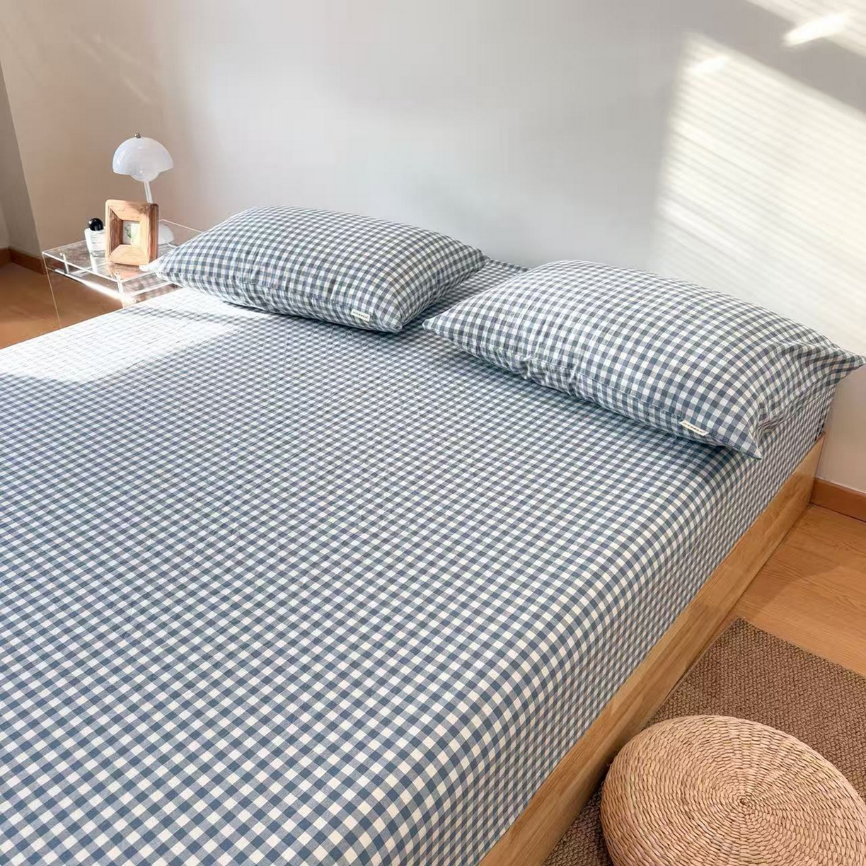91家纺网 家纺一手货源 找家纺 居眠 2025新款单层色织水洗格子全棉纯棉单床笠床笠单件单品床笠 水兰小格