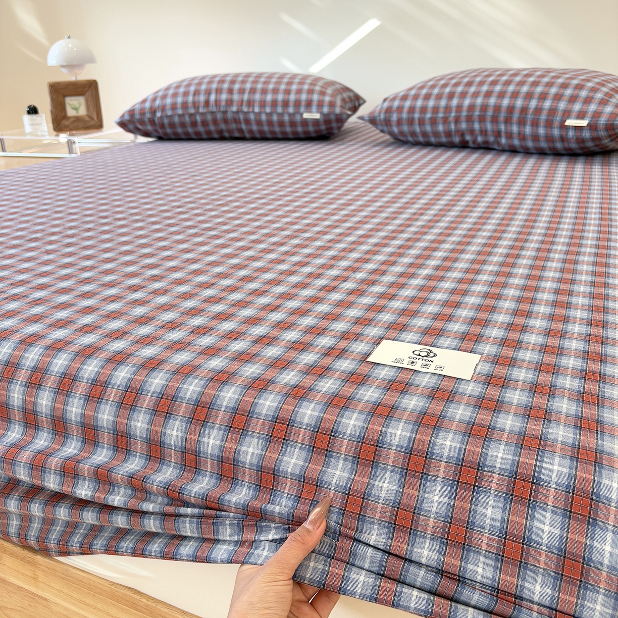 91家纺网 家纺一手货源 找家纺 居眠 2025新款单层色织水洗格子全棉纯棉单床笠床笠单件单品床笠 瑞土兰