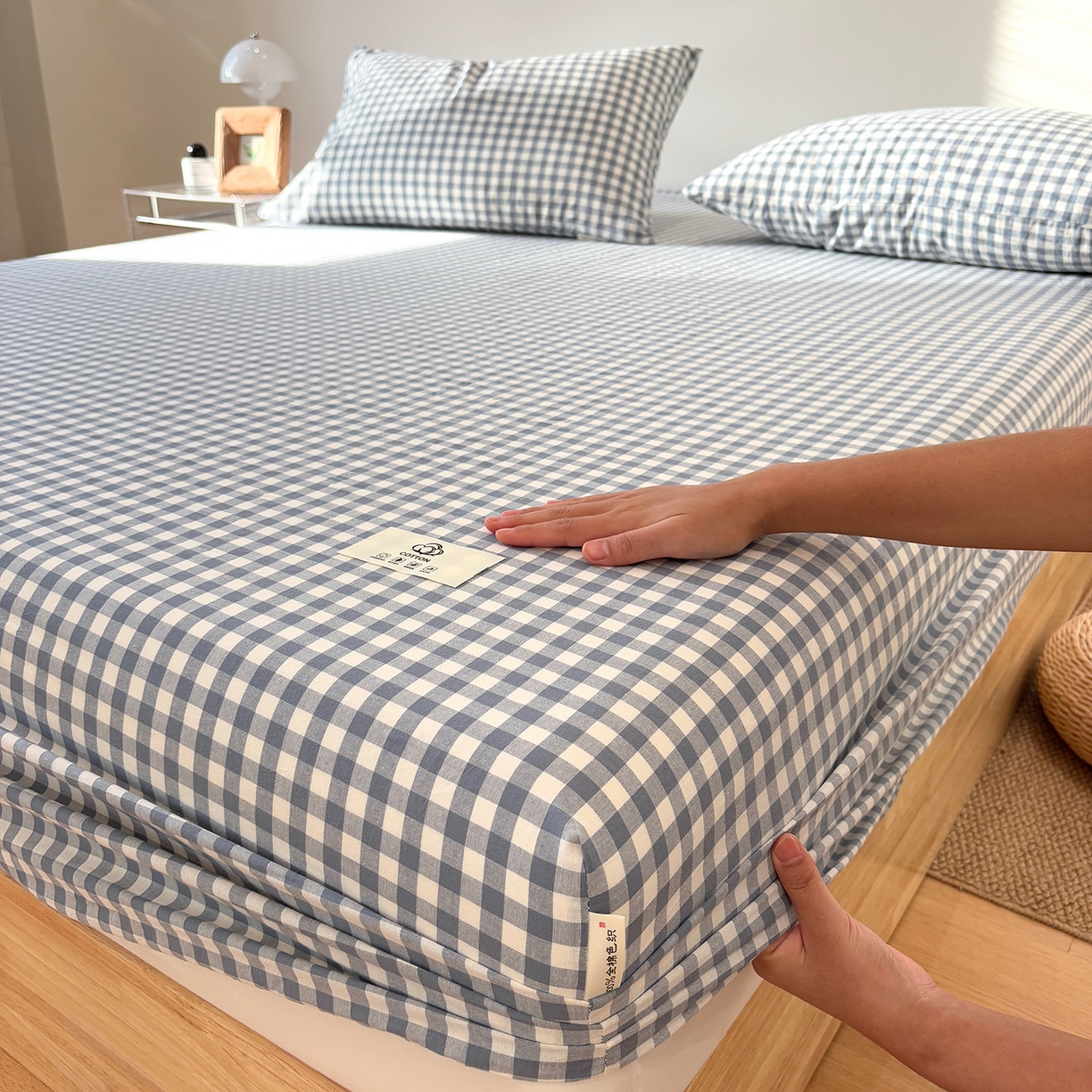 91家纺网 家纺一手货源 找家纺 居眠 2025新款单层色织水洗格子全棉纯棉单床笠床笠单件单品床笠 水兰小格