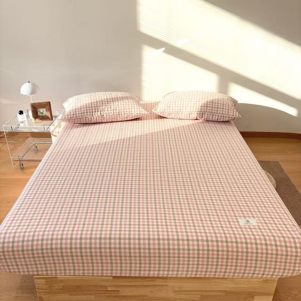 91家纺网 家纺一手货源 找家纺 居眠 2025新款单层色织水洗格子全棉纯棉单床笠床笠单件单品床笠 印月粉