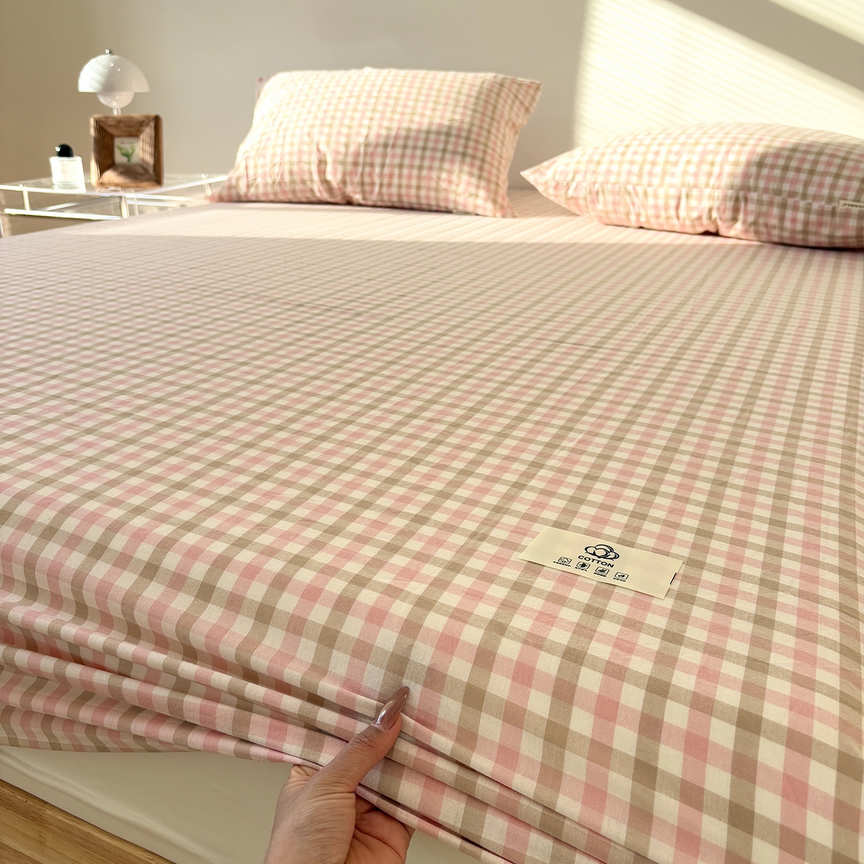 91家纺网 家纺一手货源 找家纺 居眠 2025新款单层色织水洗格子全棉纯棉单床笠床笠单件单品床笠 印月粉