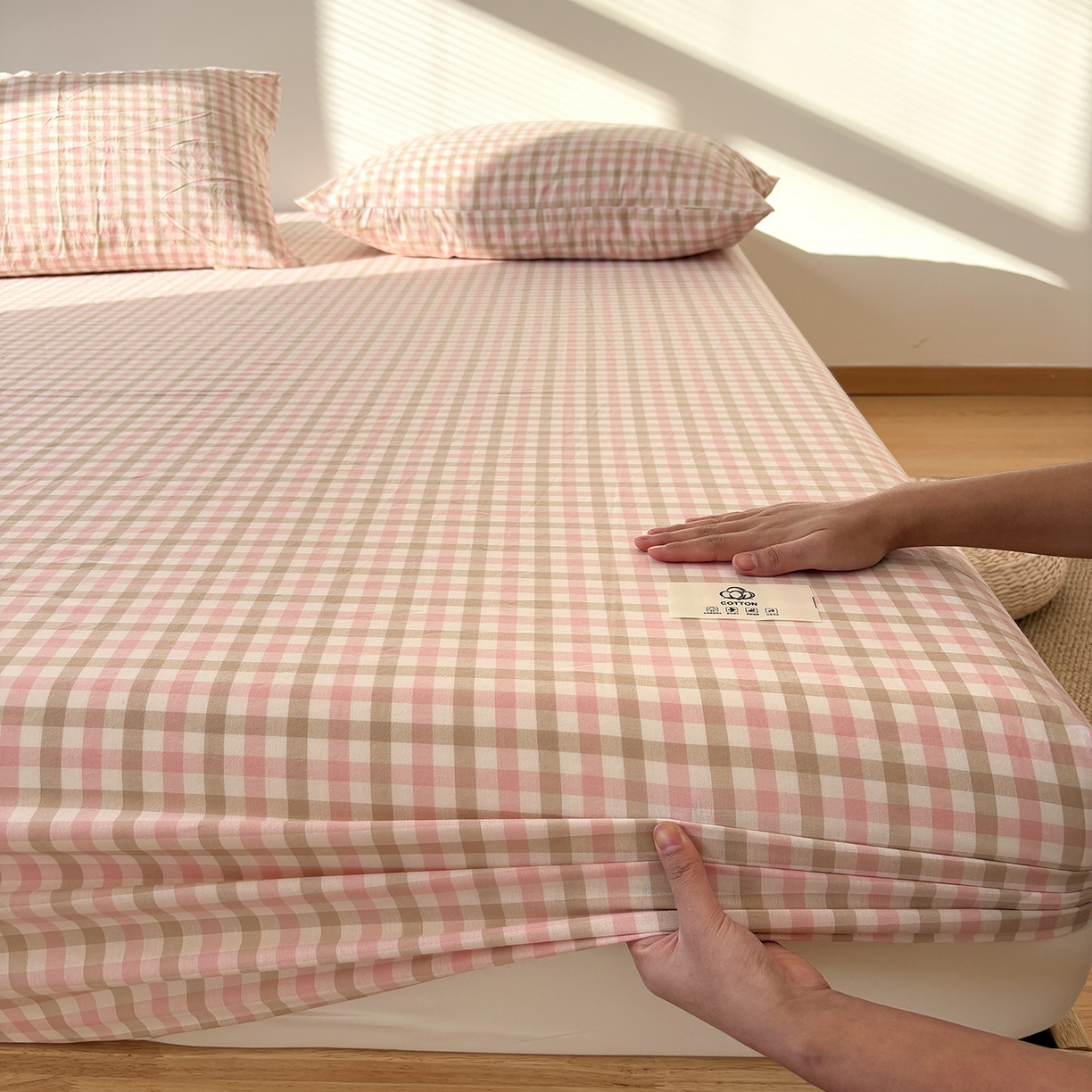 91家纺网 家纺一手货源 找家纺 居眠 2025新款单层色织水洗格子全棉纯棉单床笠床笠单件单品床笠 印月粉