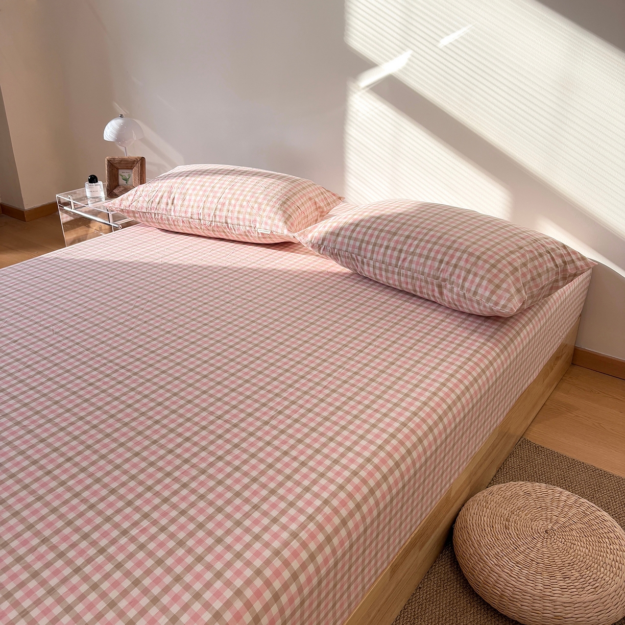 91家纺网 家纺一手货源 找家纺 居眠 2025新款单层色织水洗格子全棉纯棉单床笠床笠单件单品床笠 印月粉