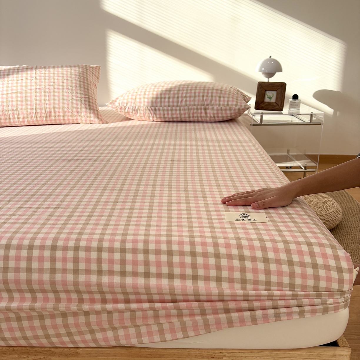 91家纺网 家纺一手货源 找家纺 居眠 2025新款单层色织水洗格子全棉纯棉单床笠床笠单件单品床笠 印月粉