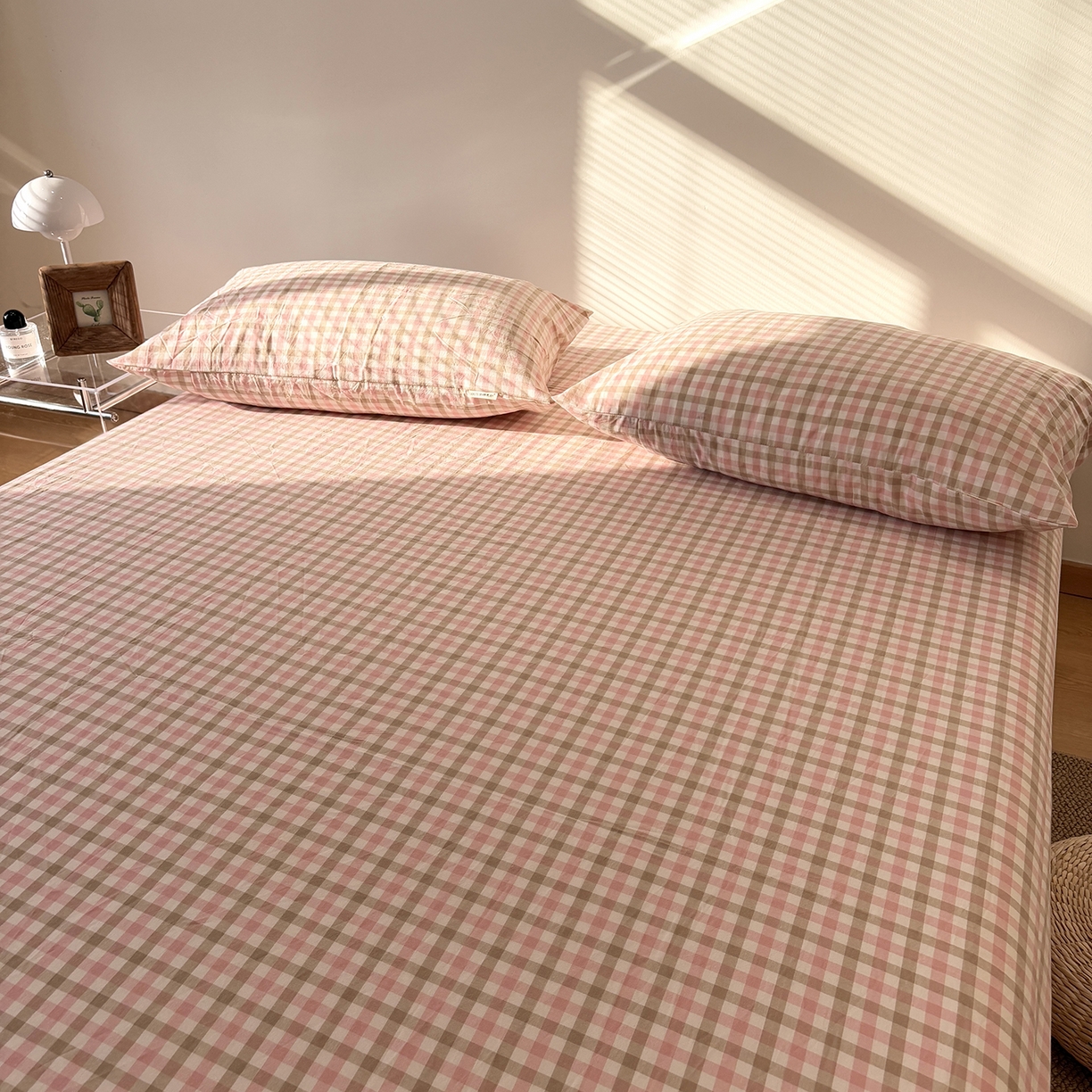 91家纺网 家纺一手货源 找家纺 居眠 2025新款单层色织水洗格子全棉纯棉单床笠床笠单件单品床笠 印月粉