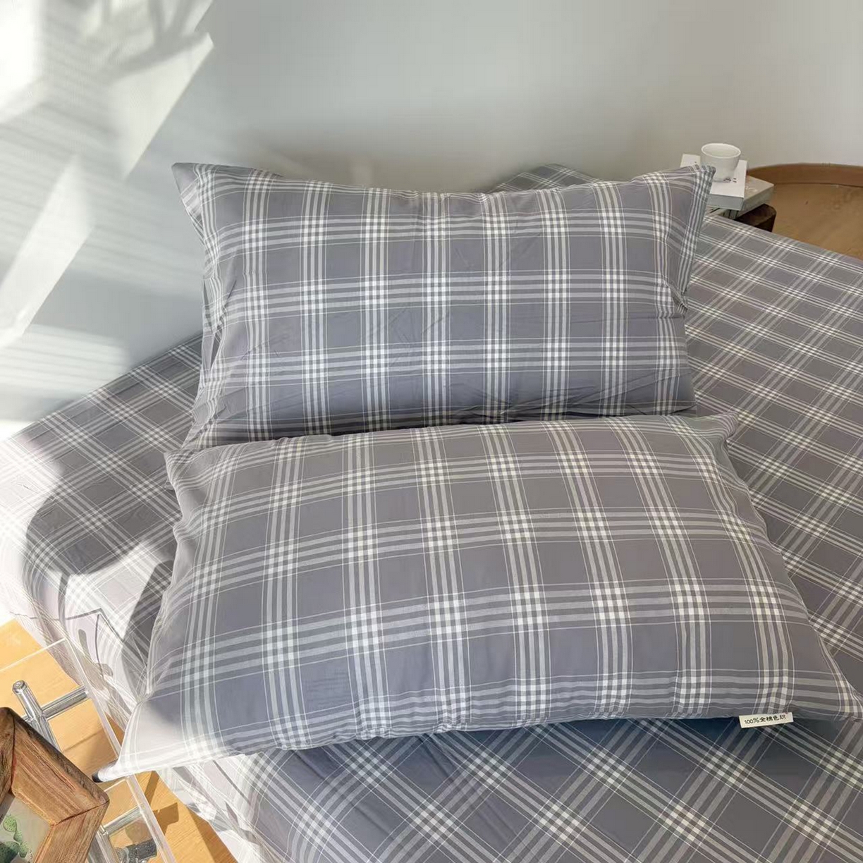 91家纺网 家纺一手货源 找家纺 居眠 2025新款单层色织水洗格子全棉纯棉单床笠床笠单件单品床笠 马丁灰
