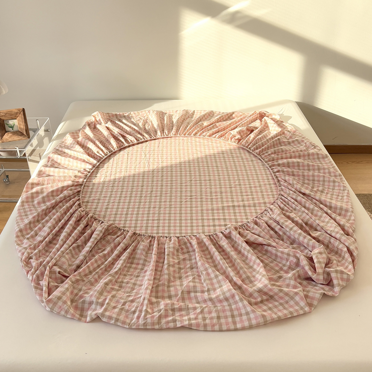 91家纺网 家纺一手货源 找家纺 居眠 2025新款单层色织水洗格子全棉纯棉单床笠床笠单件单品床笠 印月粉