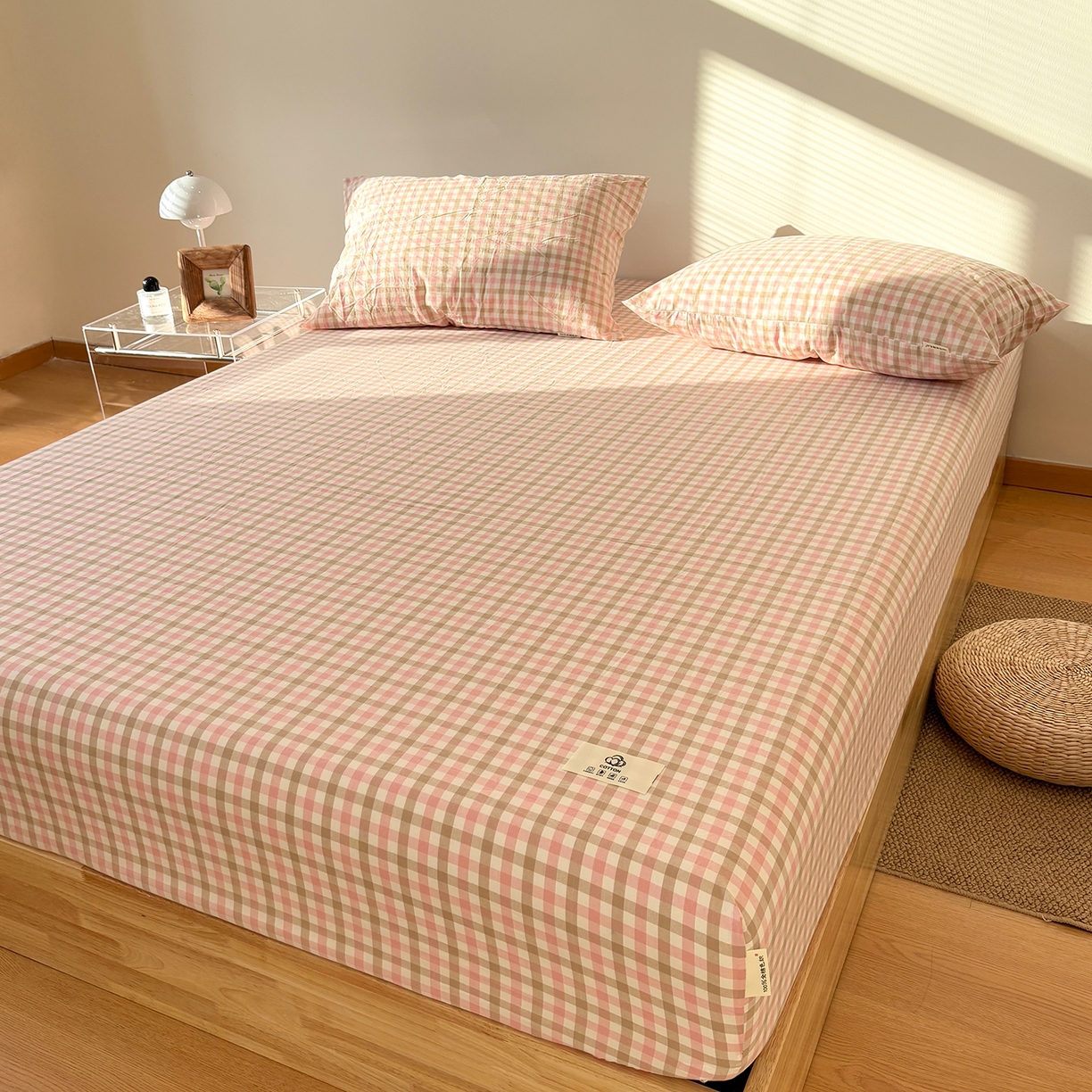 91家纺网 家纺一手货源 找家纺 居眠 2025新款单层色织水洗格子全棉纯棉单床笠床笠单件单品床笠 印月粉