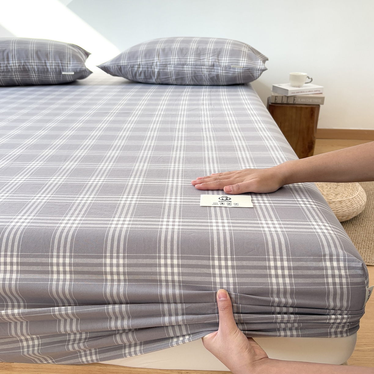 91家纺网 家纺一手货源 找家纺 居眠 2025新款单层色织水洗格子全棉纯棉单床笠床笠单件单品床笠 马丁灰