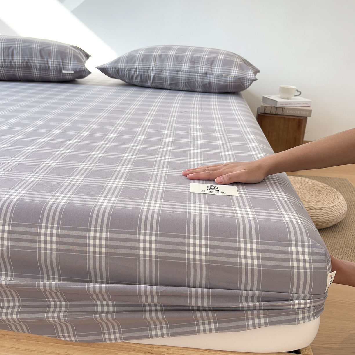 91家纺网 家纺一手货源 找家纺 居眠 2025新款单层色织水洗格子全棉纯棉单床笠床笠单件单品床笠 马丁灰