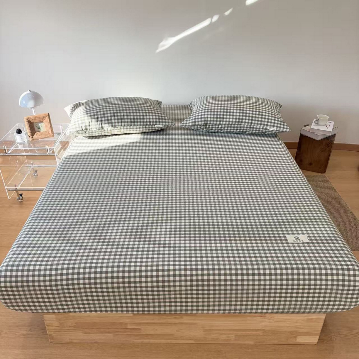 91家纺网 家纺一手货源 找家纺 居眠 2025新款单层色织水洗格子全棉纯棉单床笠床笠单件单品床笠 绿小格