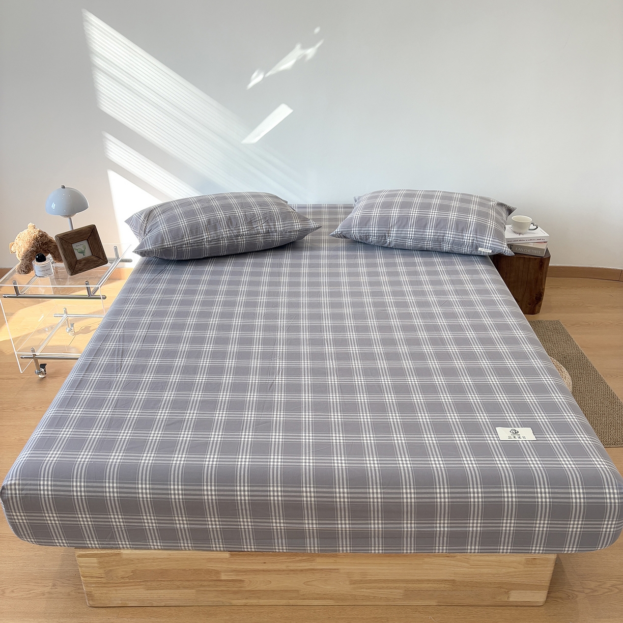 91家纺网 家纺一手货源 找家纺 居眠 2025新款单层色织水洗格子全棉纯棉单床笠床笠单件单品床笠 马丁灰