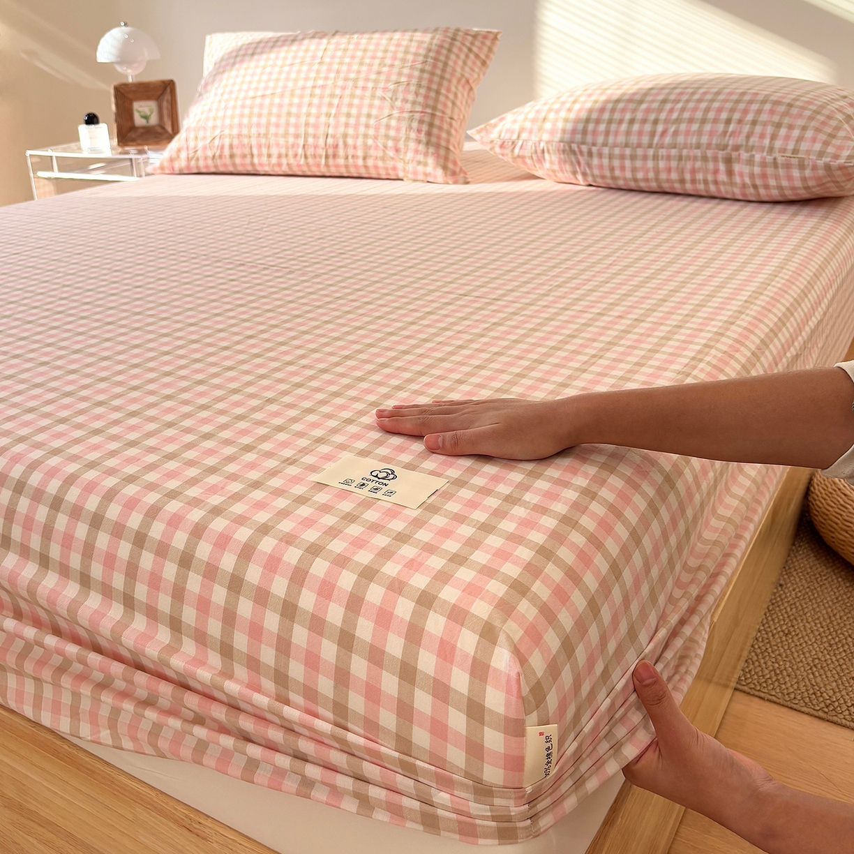 91家纺网 家纺一手货源 找家纺 居眠 2025新款单层色织水洗格子全棉纯棉单床笠床笠单件单品床笠 印月粉