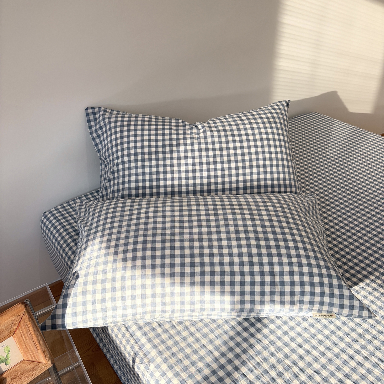 91家纺网 家纺一手货源 找家纺 居眠 2025新款单层色织水洗格子全棉纯棉单床笠床笠单件单品床笠 水兰小格
