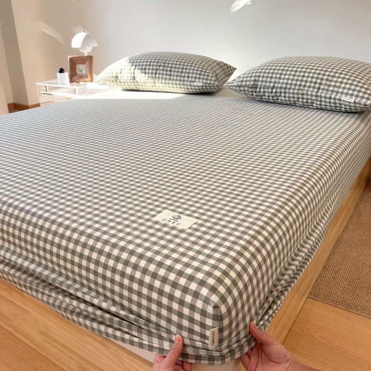 居眠 2025新款单层色织水洗格子全棉纯棉单床笠床笠单件单品床笠 绿小格
