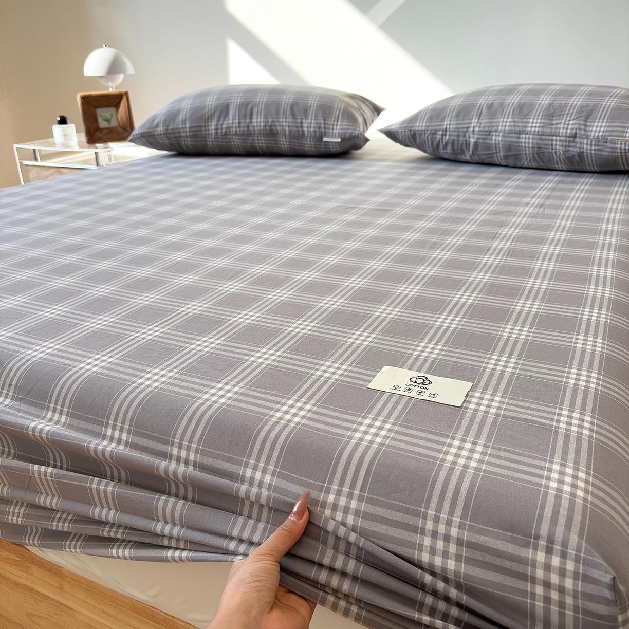 91家纺网 家纺一手货源 找家纺 居眠 2025新款单层色织水洗格子全棉纯棉单床笠床笠单件单品床笠 马丁灰