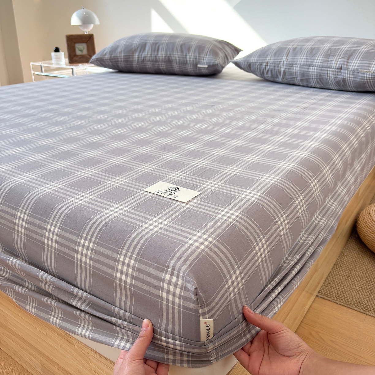 91家纺网 家纺一手货源 找家纺 居眠 2025新款单层色织水洗格子全棉纯棉单床笠床笠单件单品床笠 马丁灰