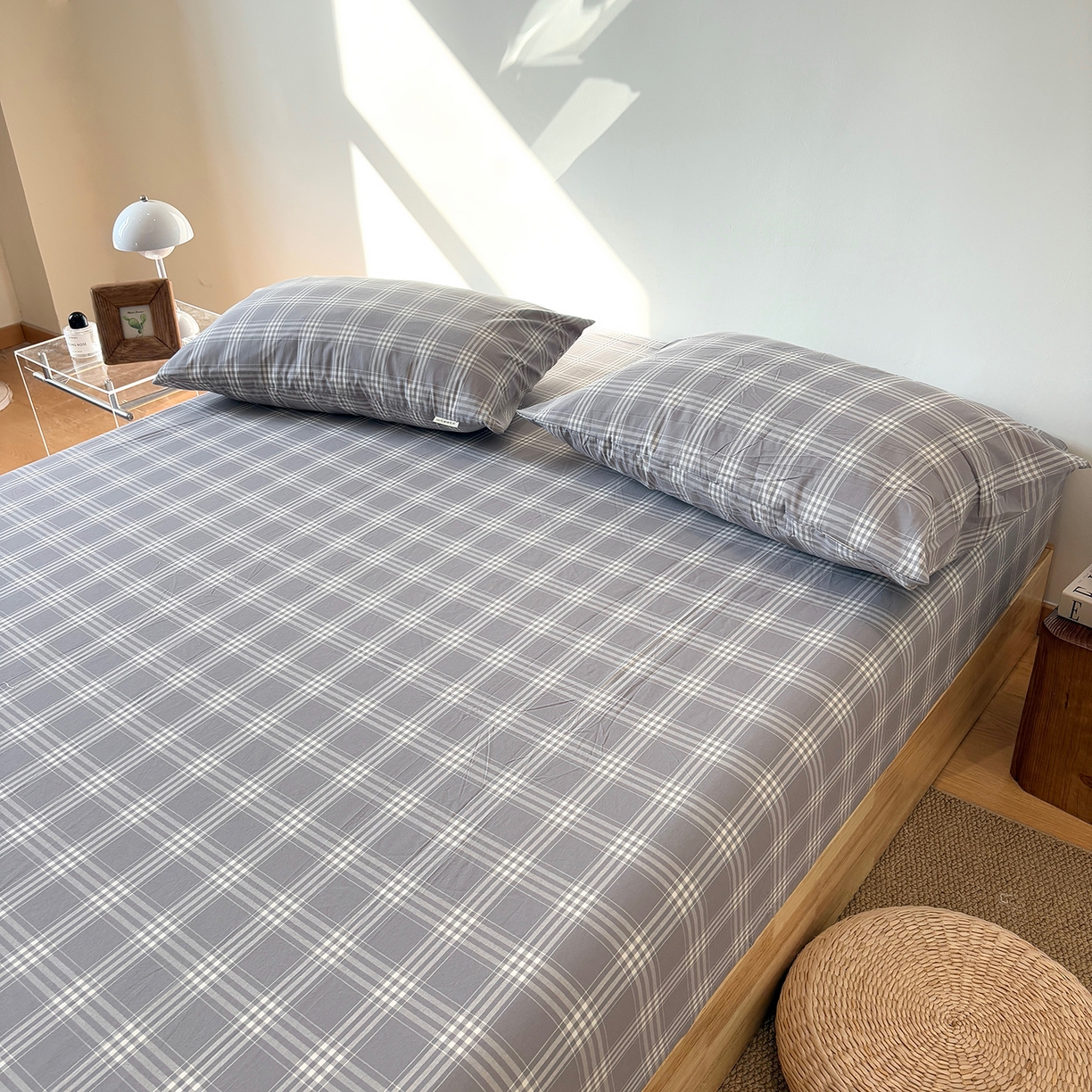 91家纺网 家纺一手货源 找家纺 居眠 2025新款单层色织水洗格子全棉纯棉单床笠床笠单件单品床笠 马丁灰
