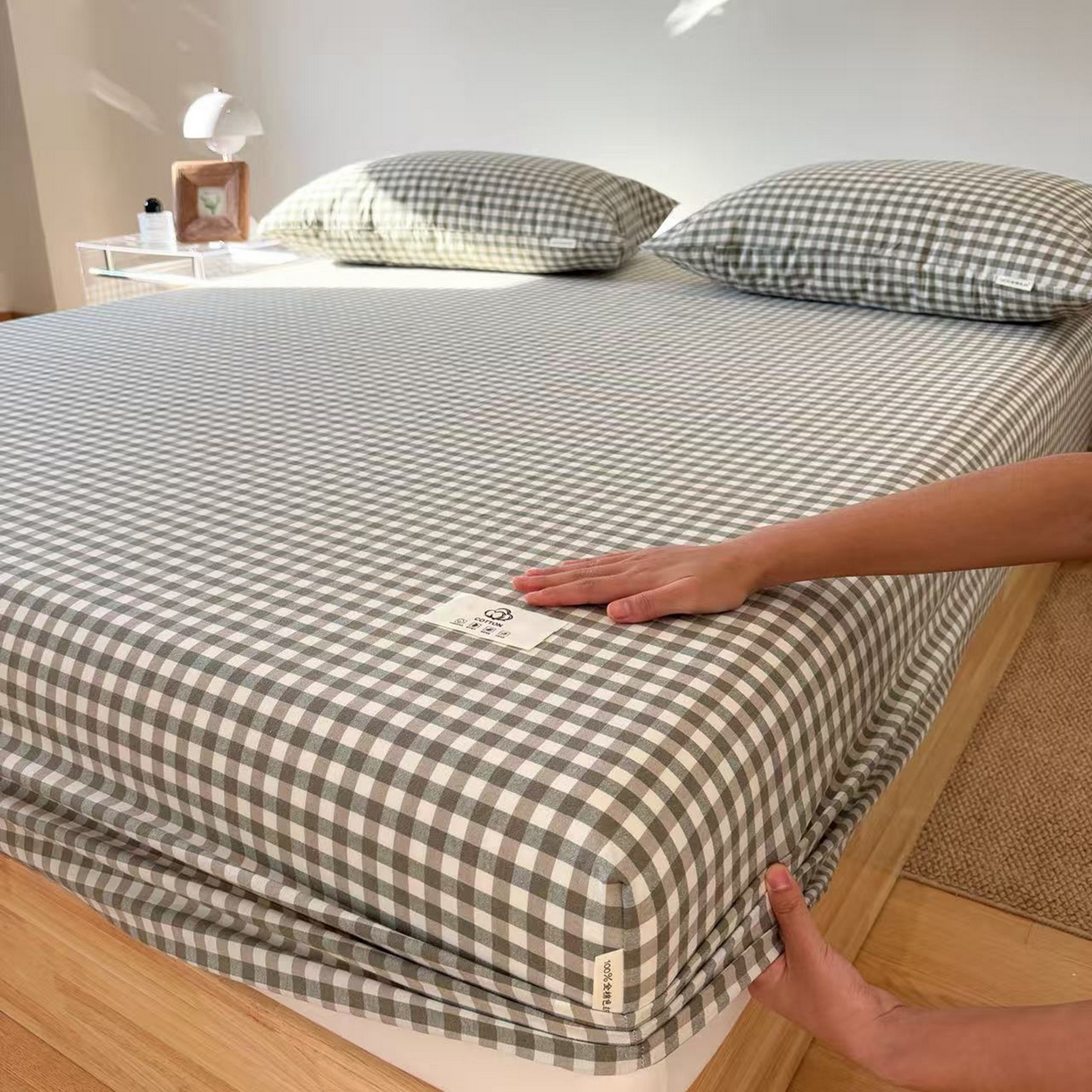 91家纺网 家纺一手货源 找家纺 居眠 2025新款单层色织水洗格子全棉纯棉单床笠床笠单件单品床笠 绿小格