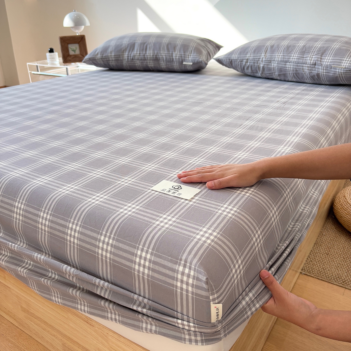 91家纺网 家纺一手货源 找家纺 居眠 2025新款单层色织水洗格子全棉纯棉单床笠床笠单件单品床笠 马丁灰