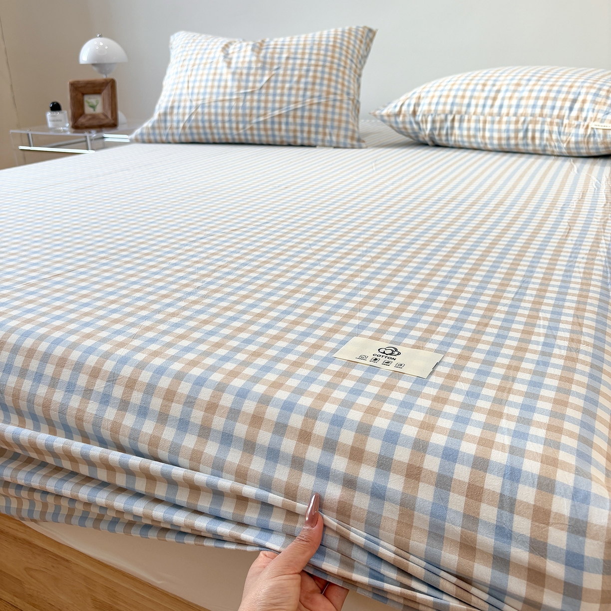 91家纺网 家纺一手货源 找家纺 居眠 2025新款单层色织水洗格子全棉纯棉单床笠床笠单件单品床笠 印月兰