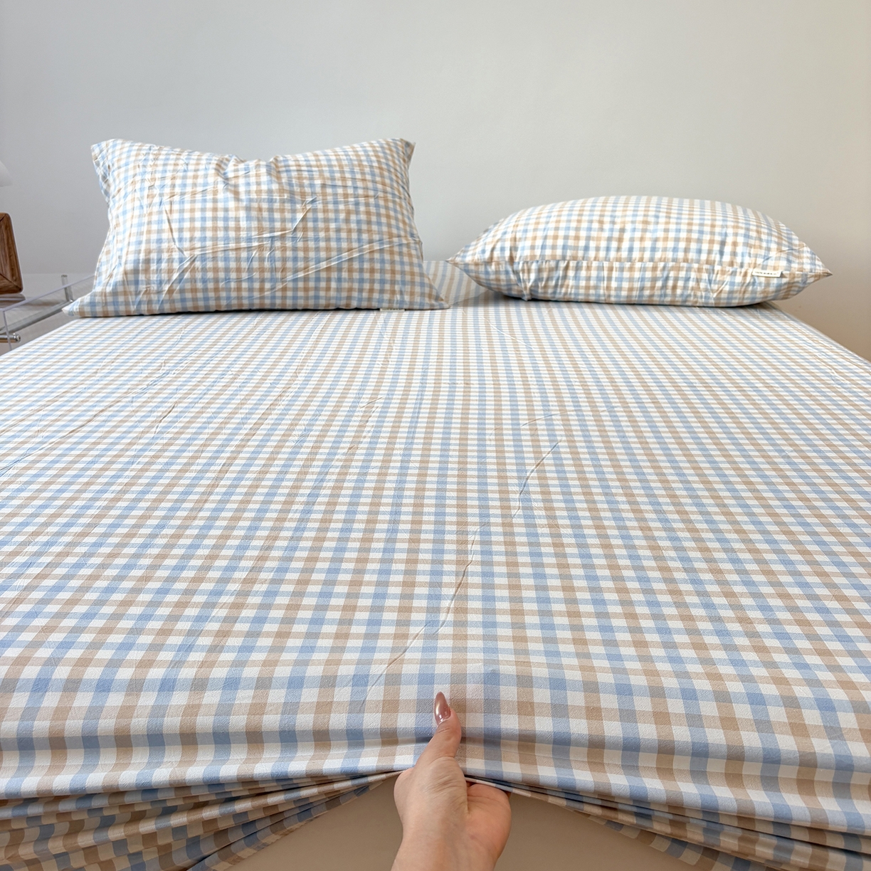 91家纺网 家纺一手货源 找家纺 居眠 2025新款单层色织水洗格子全棉纯棉单床笠床笠单件单品床笠 印月兰