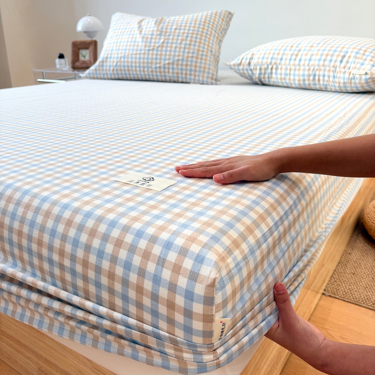 91家纺网 家纺一手货源 找家纺 居眠 2025新款单层色织水洗格子全棉纯棉单床笠床笠单件单品床笠 印月兰