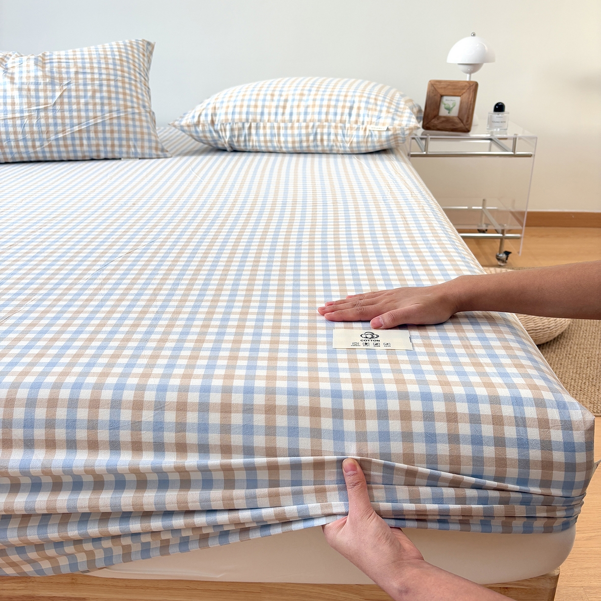 91家纺网 家纺一手货源 找家纺 居眠 2025新款单层色织水洗格子全棉纯棉单床笠床笠单件单品床笠 印月兰