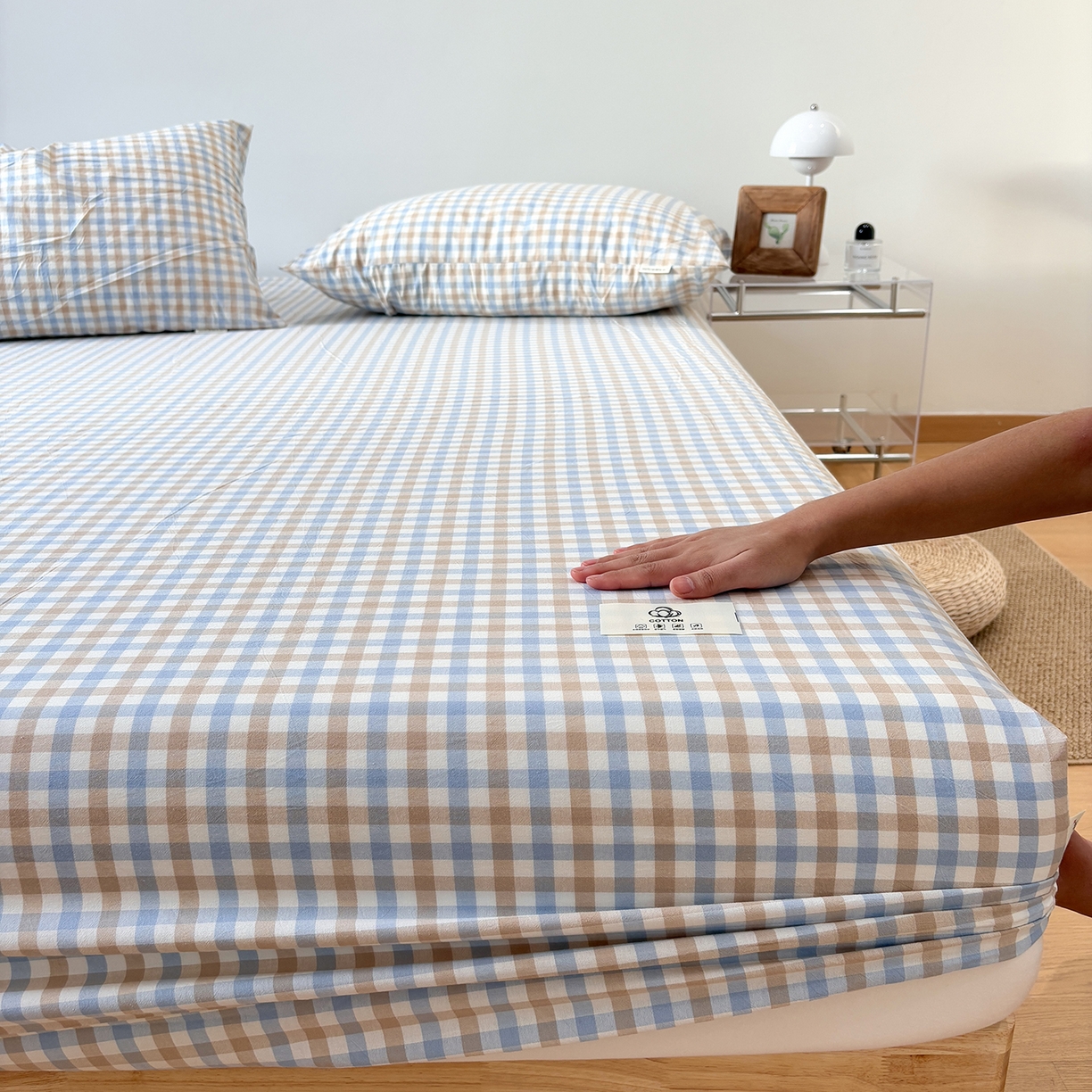 91家纺网 家纺一手货源 找家纺 居眠 2025新款单层色织水洗格子全棉纯棉单床笠床笠单件单品床笠 印月兰