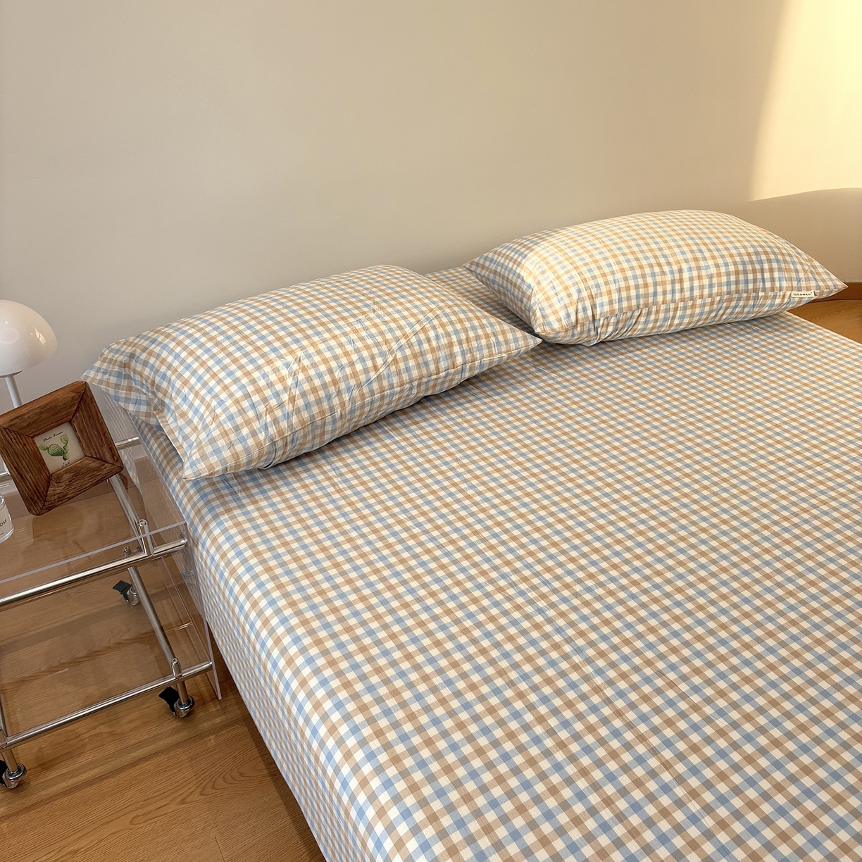 91家纺网 家纺一手货源 找家纺 居眠 2025新款单层色织水洗格子全棉纯棉单床笠床笠单件单品床笠 印月兰