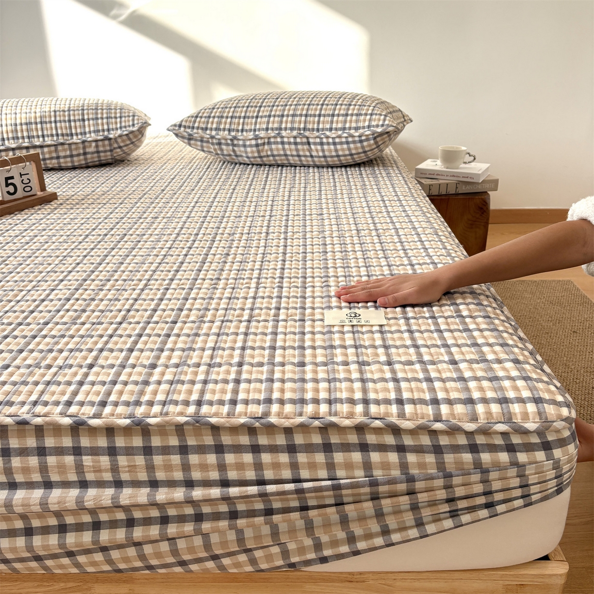 91家纺网 家纺一手货源 找家纺 居眠 2025新款格子全棉纯棉水洗棉棉花单床笠床笠单件单品床笠 夹棉款-印月灰