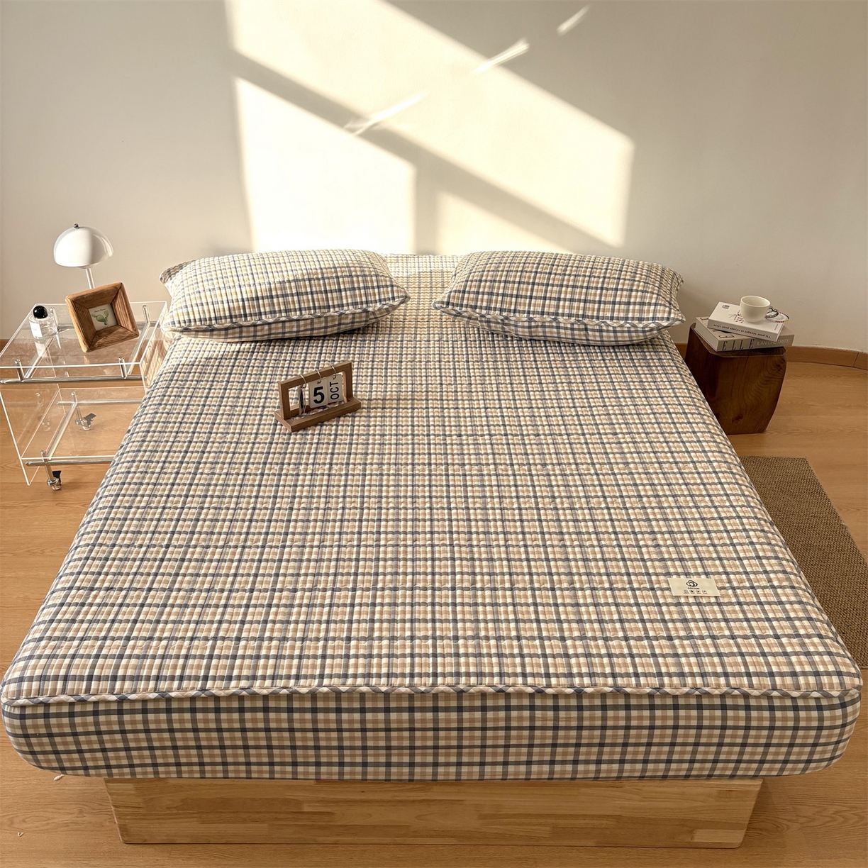 91家纺网 家纺一手货源 找家纺 居眠 2025新款格子全棉纯棉水洗棉棉花单床笠床笠单件单品床笠 夹棉款-印月灰