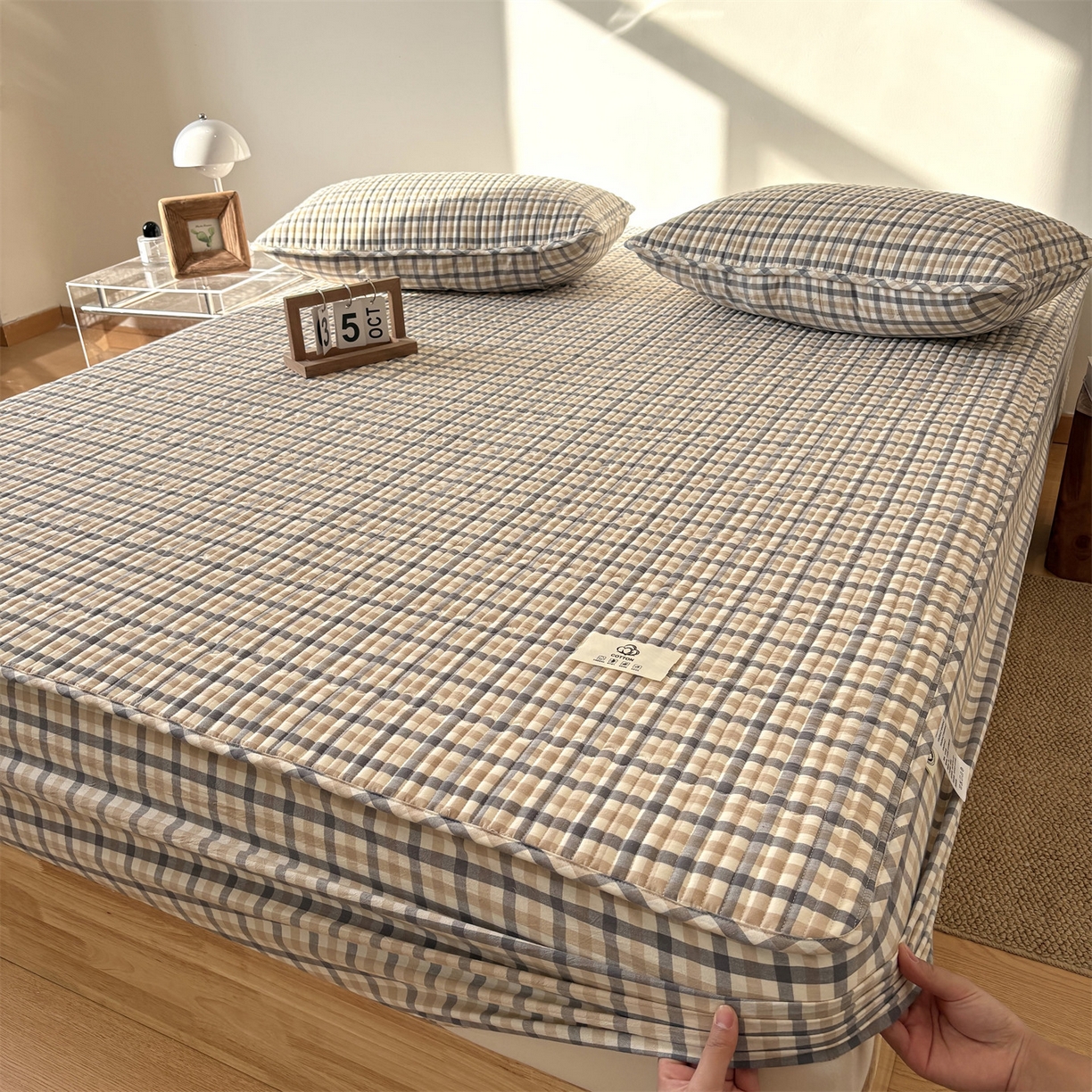居眠 2025新款格子全棉纯棉水洗棉棉花单床笠床笠单件单品床笠 夹棉款-印月灰