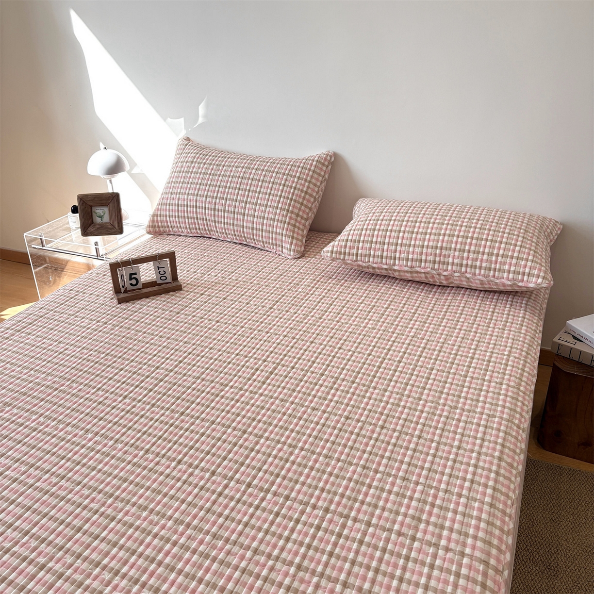 91家纺网 家纺一手货源 找家纺 居眠 2025新款格子全棉纯棉水洗棉棉花单床笠床笠单件单品床笠 夹棉款-印月粉