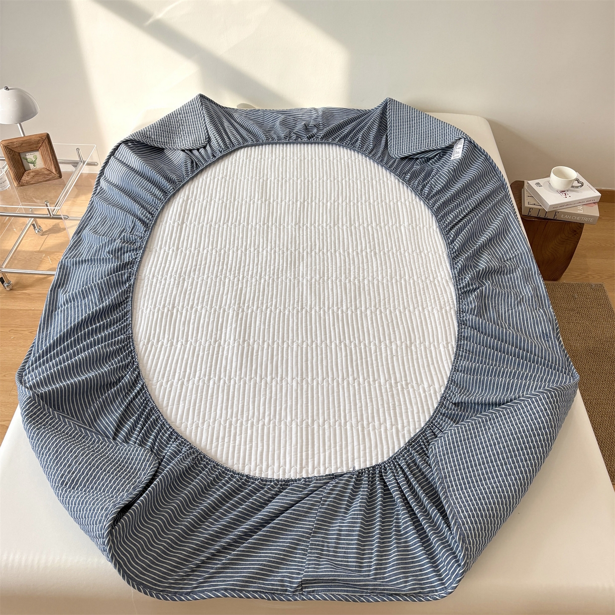 91家纺网 家纺一手货源 找家纺 居眠 2025新款格子全棉纯棉水洗棉棉花单床笠床笠单件单品床笠 夹棉款-蓝细条