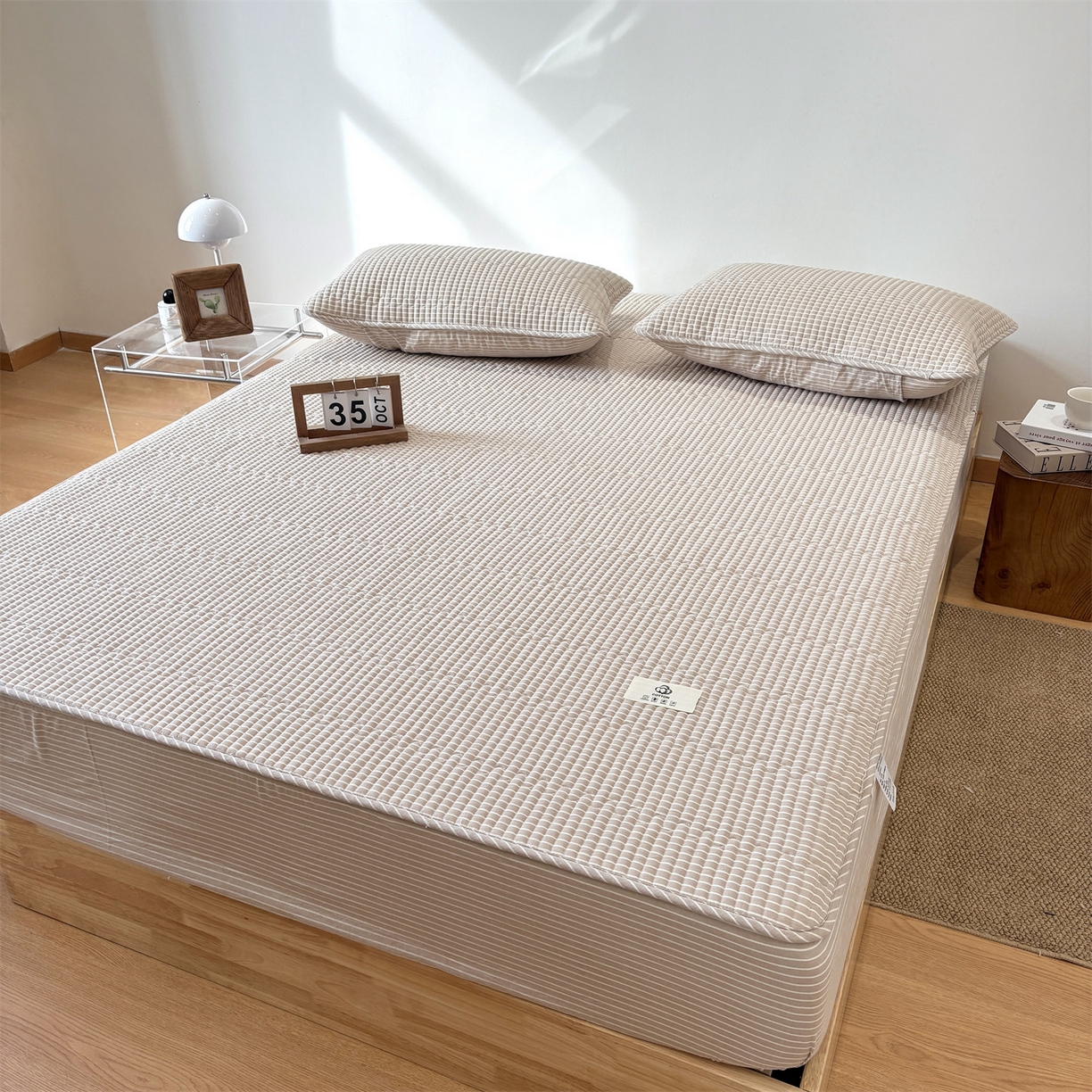 91家纺网 家纺一手货源 找家纺 居眠 2025新款格子全棉纯棉水洗棉棉花单床笠床笠单件单品床笠 夹棉款-米细条