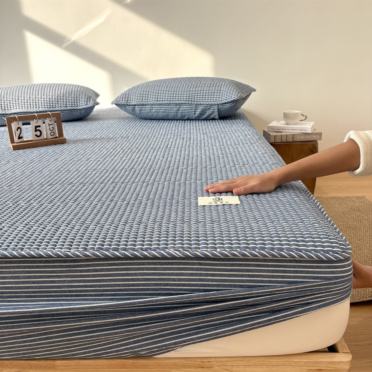 91家纺网 家纺一手货源 找家纺 居眠 2025新款格子全棉纯棉水洗棉棉花单床笠床笠单件单品床笠 夹棉款-蓝细条