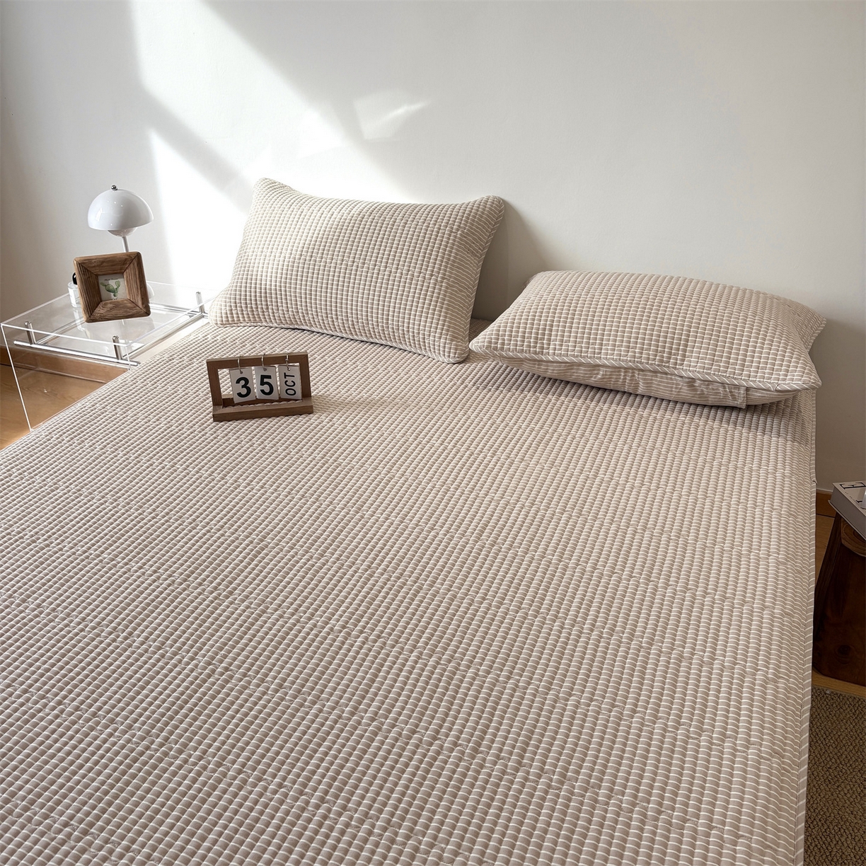 91家纺网 家纺一手货源 找家纺 居眠 2025新款格子全棉纯棉水洗棉棉花单床笠床笠单件单品床笠 夹棉款-米细条