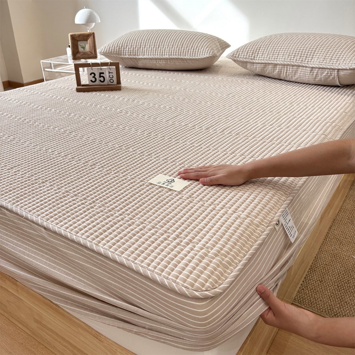 91家纺网 家纺一手货源 找家纺 居眠 2025新款格子全棉纯棉水洗棉棉花单床笠床笠单件单品床笠 夹棉款-米细条