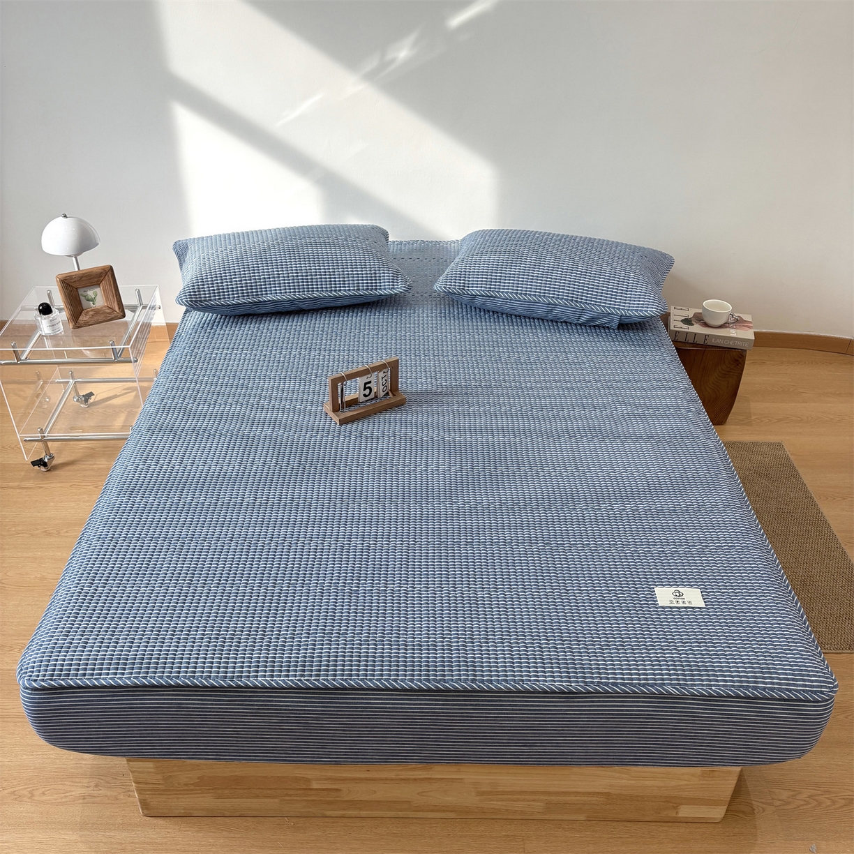 91家纺网 家纺一手货源 找家纺 居眠 2025新款格子全棉纯棉水洗棉棉花单床笠床笠单件单品床笠 夹棉款-蓝细条