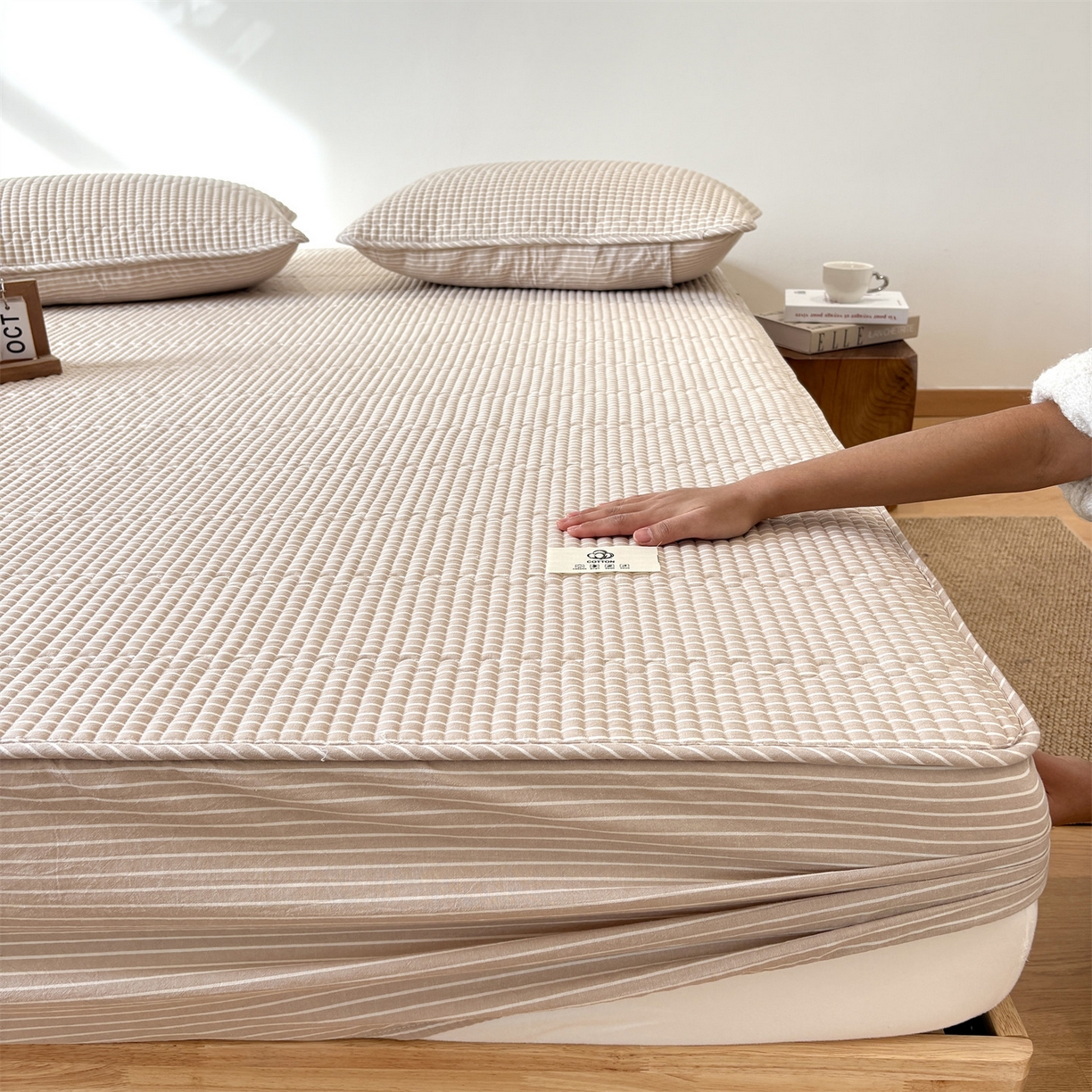 91家纺网 家纺一手货源 找家纺 居眠 2025新款格子全棉纯棉水洗棉棉花单床笠床笠单件单品床笠 夹棉款-米细条