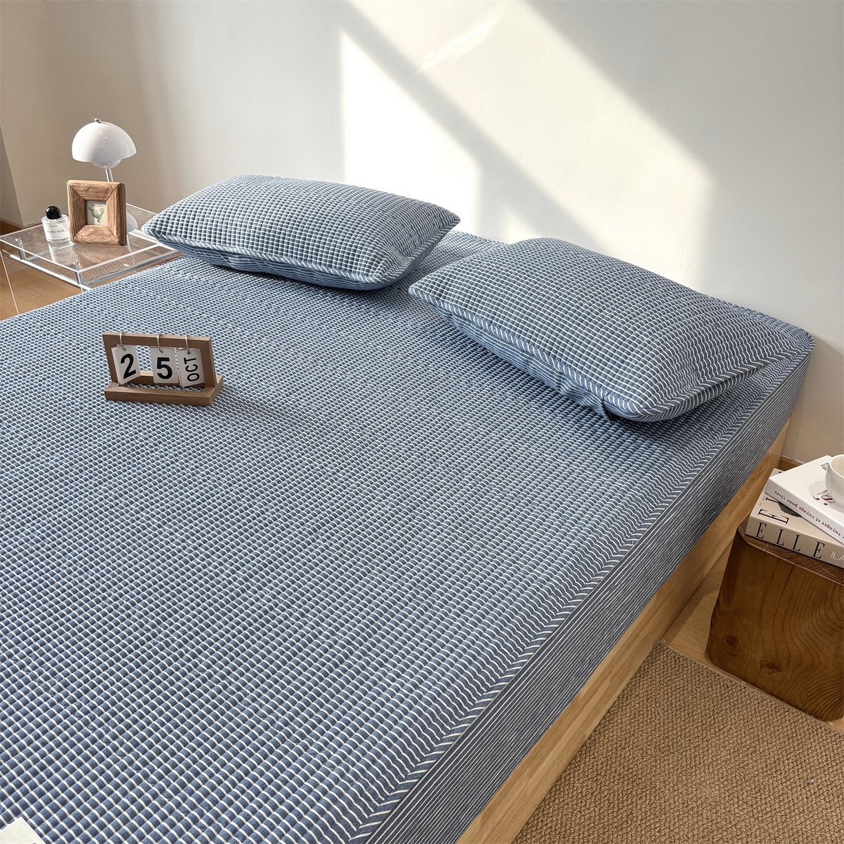 91家纺网 家纺一手货源 找家纺 居眠 2025新款格子全棉纯棉水洗棉棉花单床笠床笠单件单品床笠 夹棉款-蓝细条