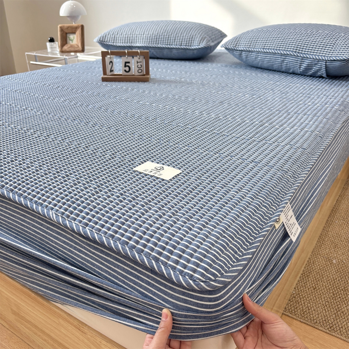 居眠 2025新款格子全棉纯棉水洗棉棉花单床笠床笠单件单品床笠 夹棉款-蓝细条