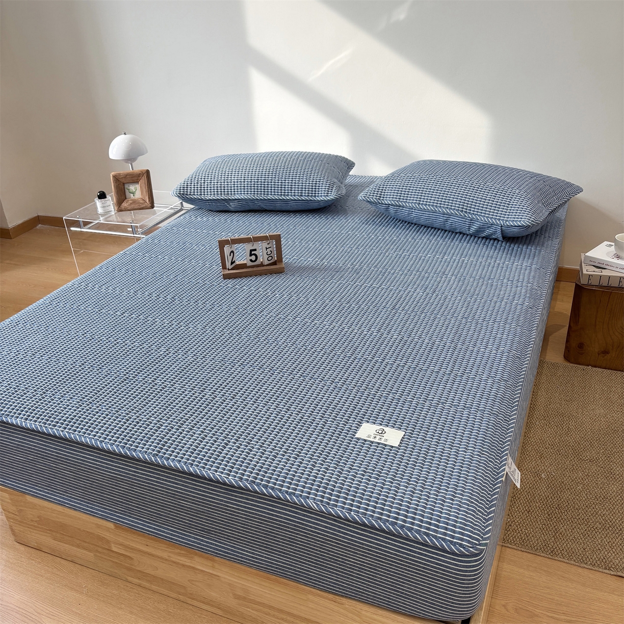 91家纺网 家纺一手货源 找家纺 居眠 2025新款格子全棉纯棉水洗棉棉花单床笠床笠单件单品床笠 夹棉款-蓝细条