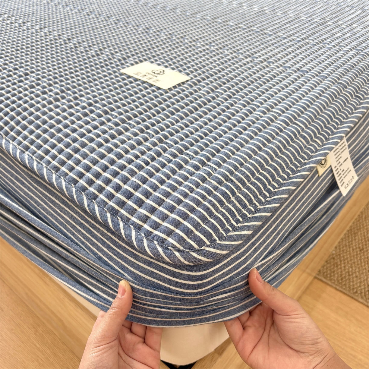 91家纺网 家纺一手货源 找家纺 居眠 2025新款格子全棉纯棉水洗棉棉花单床笠床笠单件单品床笠 夹棉款-蓝细条