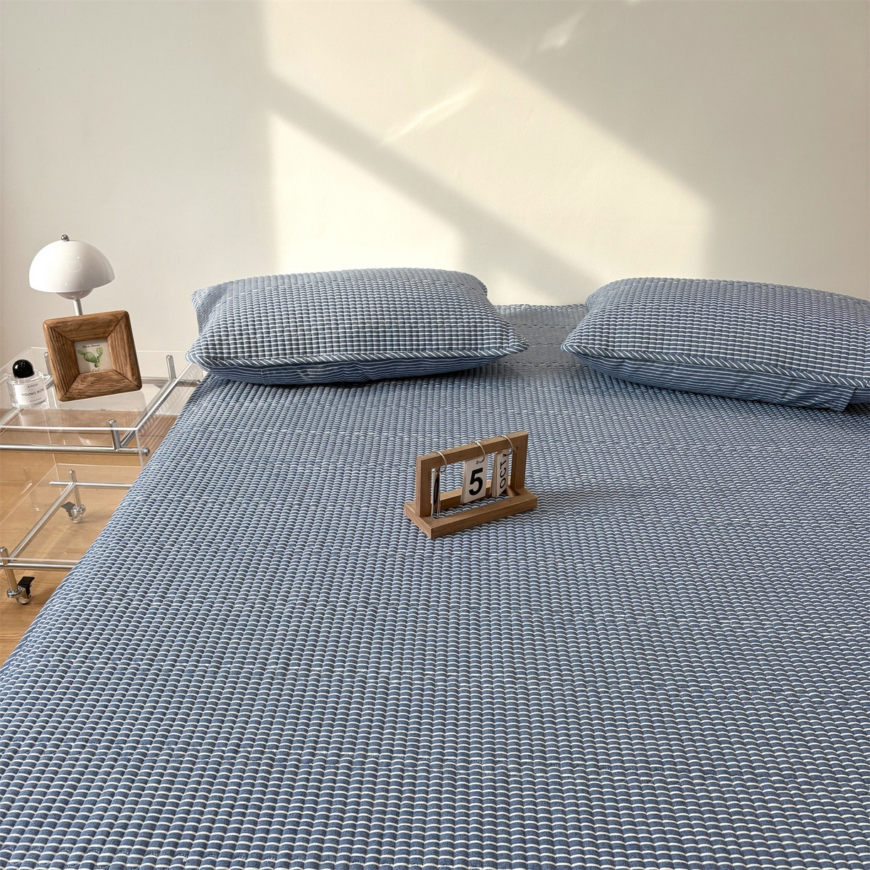 91家纺网 家纺一手货源 找家纺 居眠 2025新款格子全棉纯棉水洗棉棉花单床笠床笠单件单品床笠 夹棉款-蓝细条