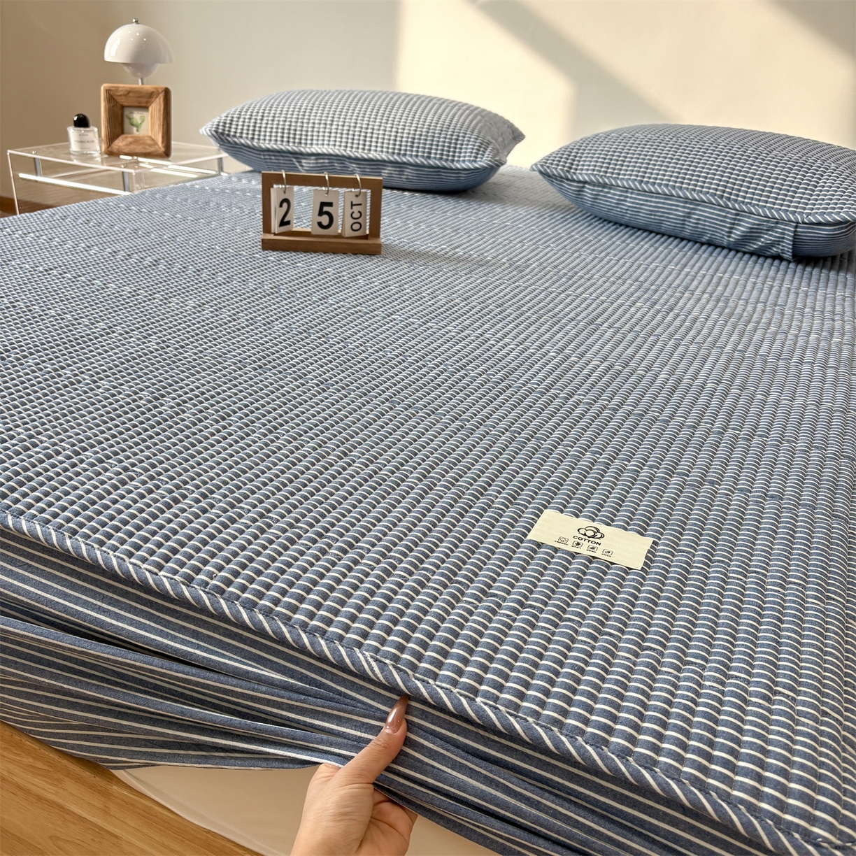 91家纺网 家纺一手货源 找家纺 居眠 2025新款格子全棉纯棉水洗棉棉花单床笠床笠单件单品床笠 夹棉款-蓝细条